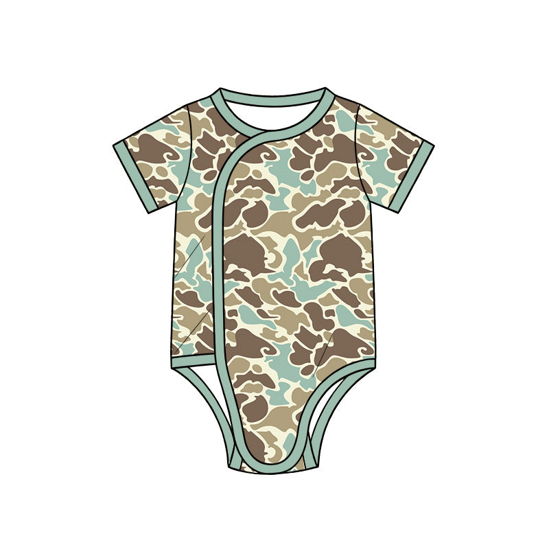 10.13 SR4349 Preorder Blue Brown Camo Print Baby Short Sleeve Side‑Snap Wrap Romper