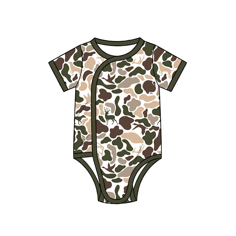 10.13 SR4353 Preorder Khaki Brown Camo Print Baby Short Sleeve Side‑Snap Wrap Romper