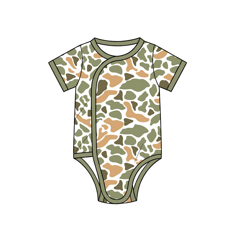 10.13 SR4354 Preorder Orange Green Camo Print Baby Short Sleeve Side‑Snap Wrap Romper