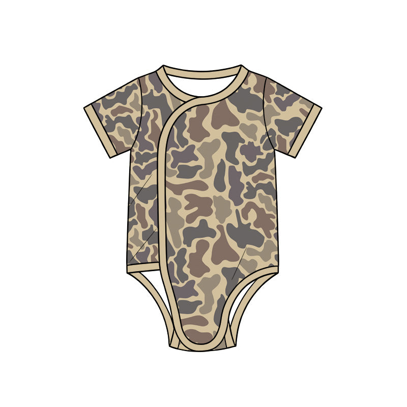 10.13 SR4356 Preorder Brown Camo Print Baby Short Sleeve Side‑Snap Wrap Romper