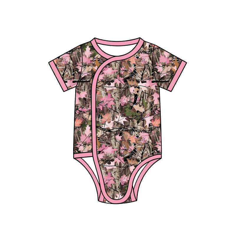 10.13 SR4360 Preorder Pink Branch Brown Camo Print Baby Short Sleeve Side‑Snap Wrap Romper