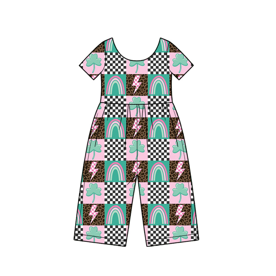 10.16 SR4369 Preorder Leaf Leopard Rainbow Checkered Print Girls St Patrick Day Short Sleeve Straight Jumpsuits
