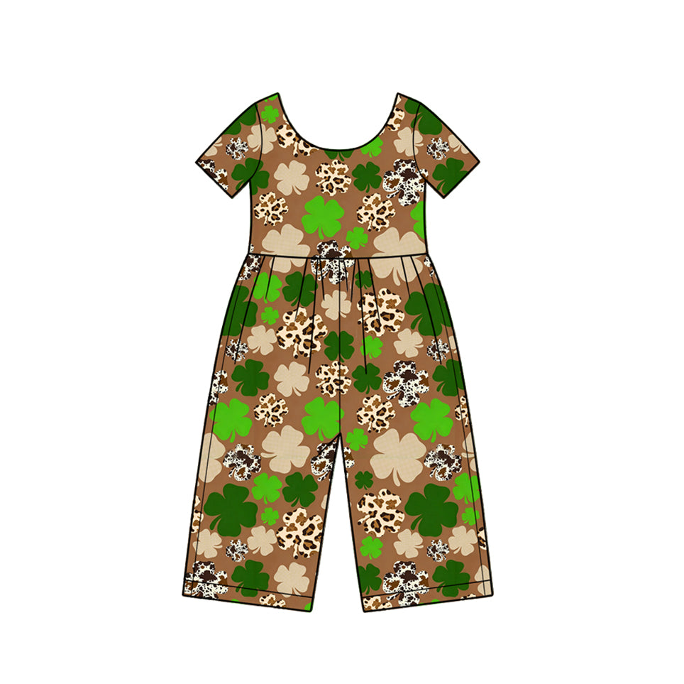 10.16 SR4370 Preorder Leaf Leopard Print Girls St Patrick Day Short Sleeve Straight Jumpsuits