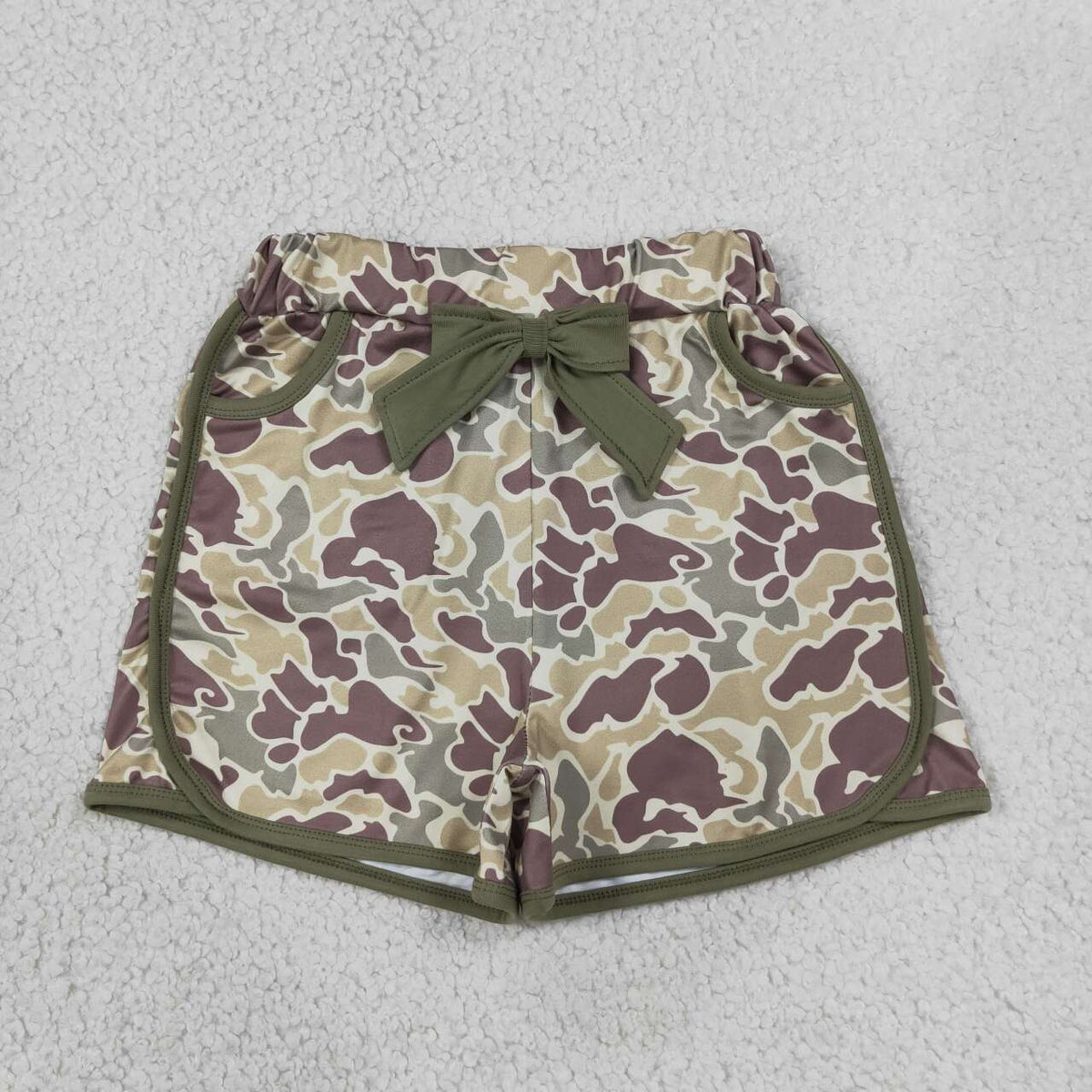 SS0690 Brown Camo Print Baby Girls Pockets Bottom Shorts With Bow
