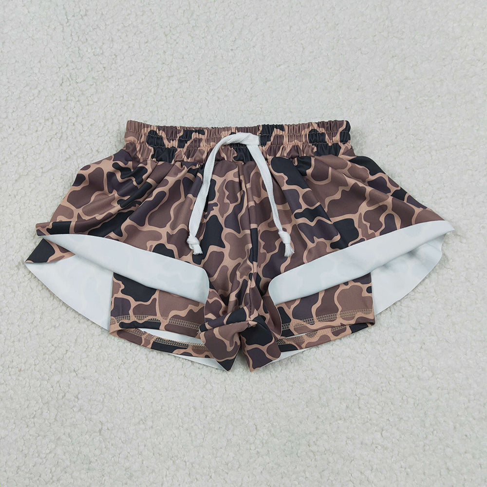 SS0772 Brown Camo Print Girls Bottom Summer Yoga Flutter Shorts