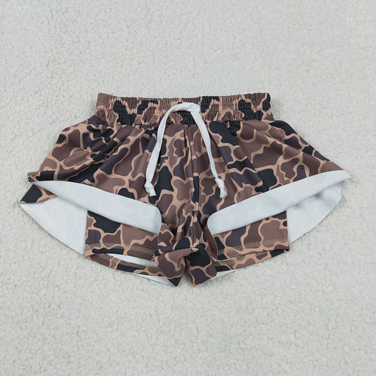 SS0772 Brown Camo Print Girls Bottom Summer Yoga Flutter Shorts