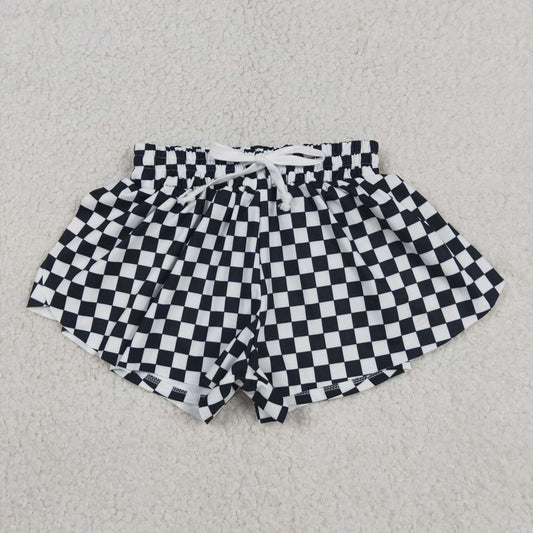 SS0865 Black Plaid Print Girls Summer Bottom Yoga Flutter Shorts