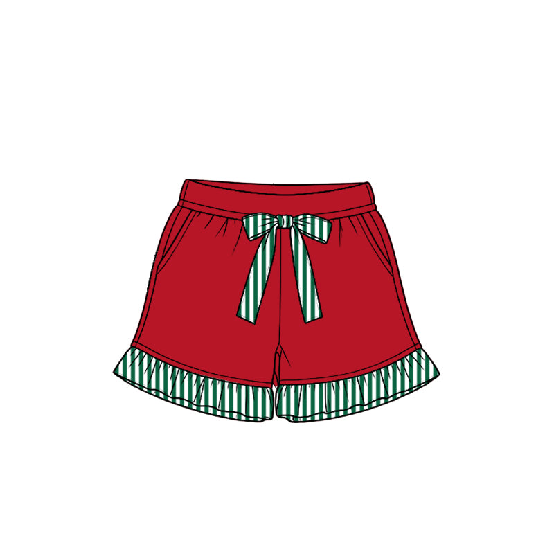 8.15 Preorder Kids Girls Red Shorts with Green Stripe Ruffle