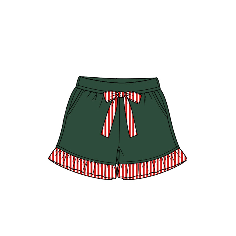 8.15 Preorder Kids Girls Green Shorts with Red Stripe Ruffle