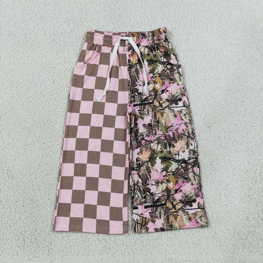 P1093 Pink Checkered Branch Camo Print Girls Bottom Pockets Split Straight Pants