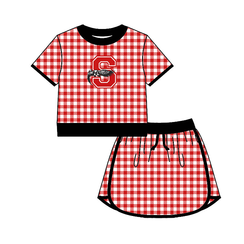 (Custom Design Preorder MOQ 5) Teams Salado Eagles Top Red Checkerd Skort Girls Summer Yoga Clothes Set