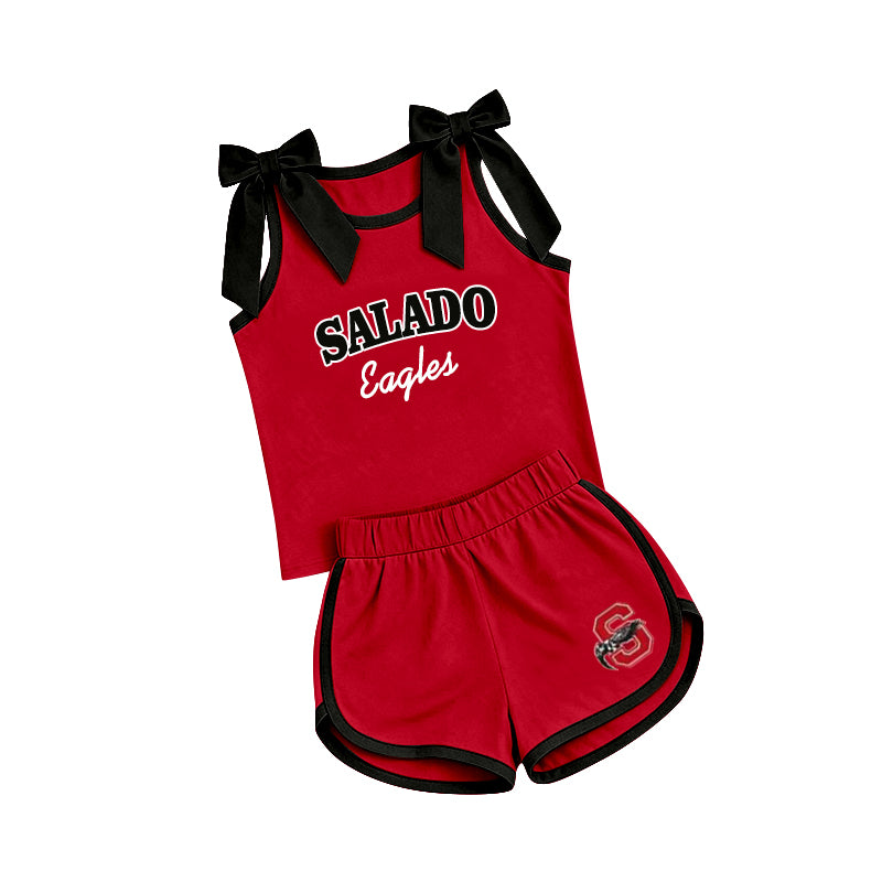 (Custom Design Preorder MOQ 5) Teams Salado Eagles Black Bows Vest Top Shorts Mommy and Me Summer Yoga Clothes Set