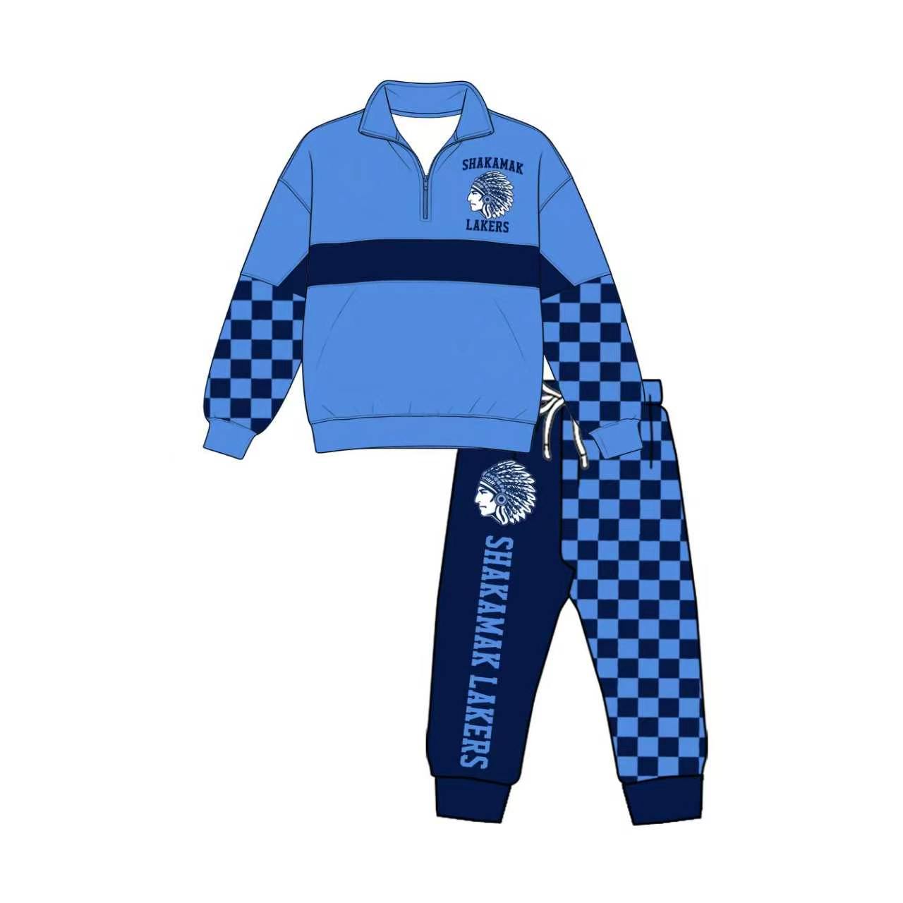 (Custom Design Preorder MOQ 5) Teams Shakamak Lakrs Blue Print Kids & Adult Long Sleeve Zipper Top Pockets Joggers Pants Clothes Set