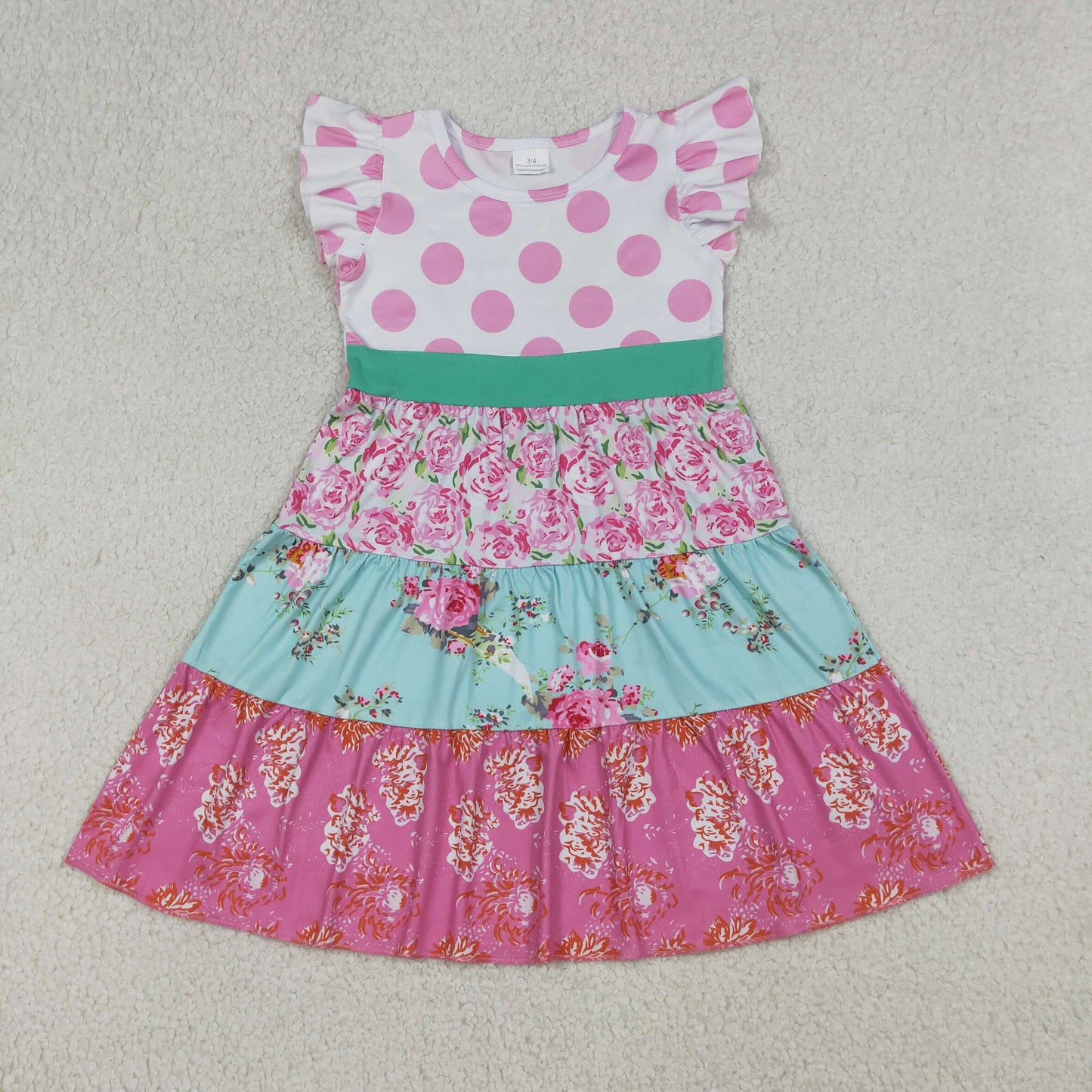 (Promotion) Toddler GIrls Vintage Floral Pink Polka Dot Flutter Sleeve Dress