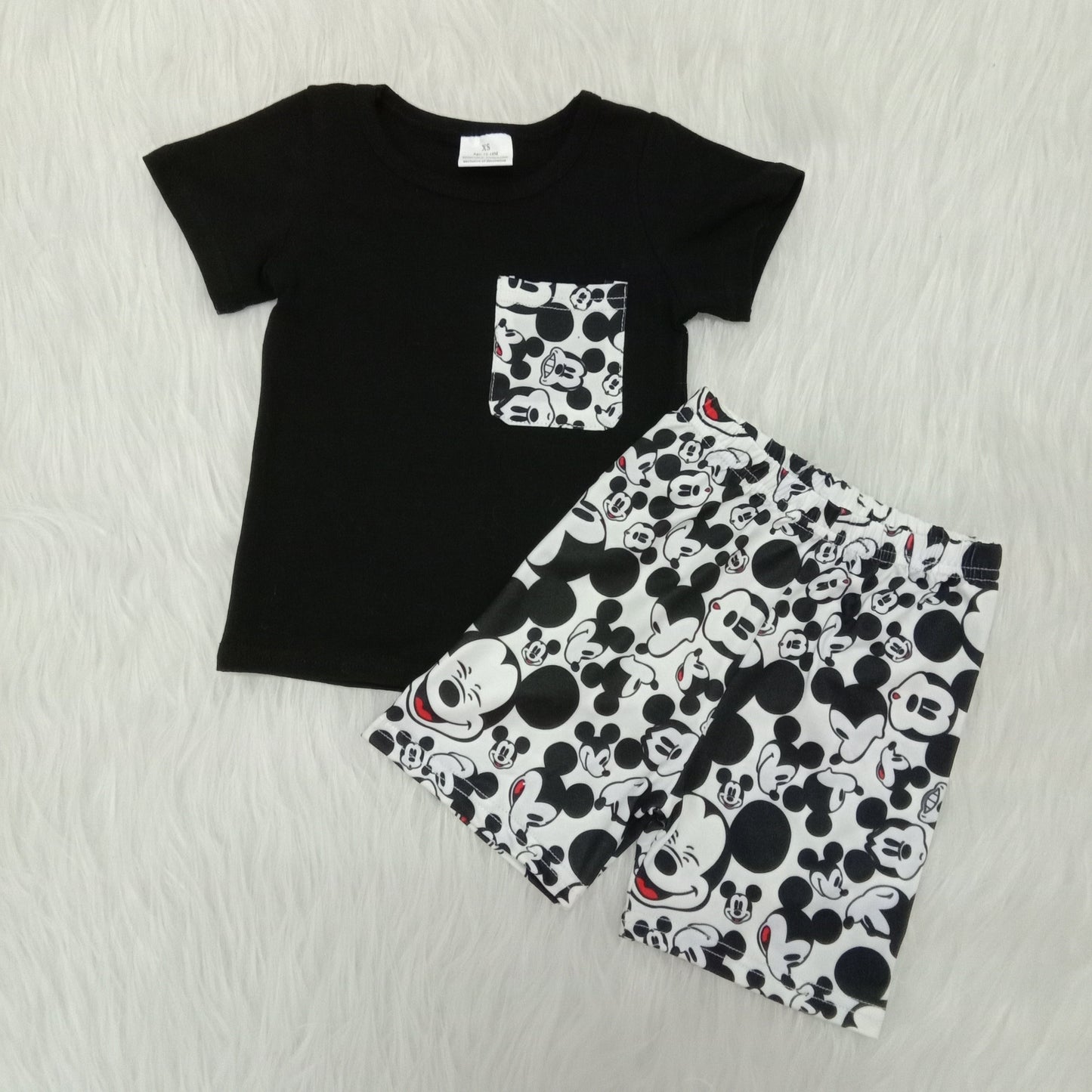 (Promotion)Black Pocket Top Cartoon Mouse Shorts Boys summer outfits A16-24