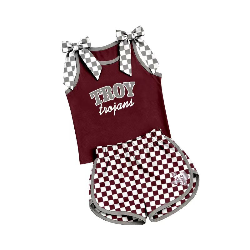 (Custom Design Preorder MOQ 5) Teams Troy Trojans Bows Vest Top Checkerd Shorts Mommy and Me Summer Yoga Clothes Set
