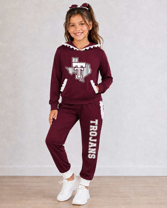 (Custom Design Preorder MOQ 5) Teams Troy Trojans Wine White Ruffles Hoodie Top Pockets Joggers Pants Woman Yoga Clothes Set