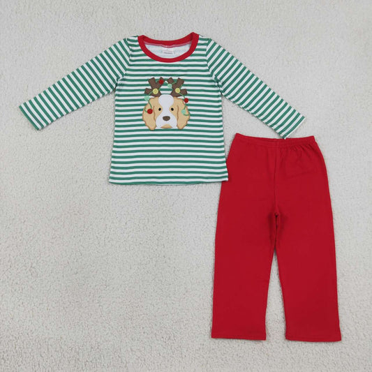 BLP1502 Dog Embroidery Green Stripes Top Red Pants Boys Christmas Clothes Set