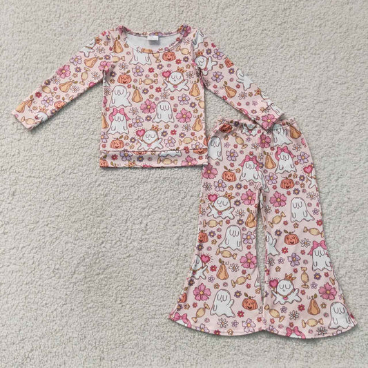 GLP3400 Ghost Candy Flowers Pumpkin Print Bell Pants Girls Halloween Clothes Set