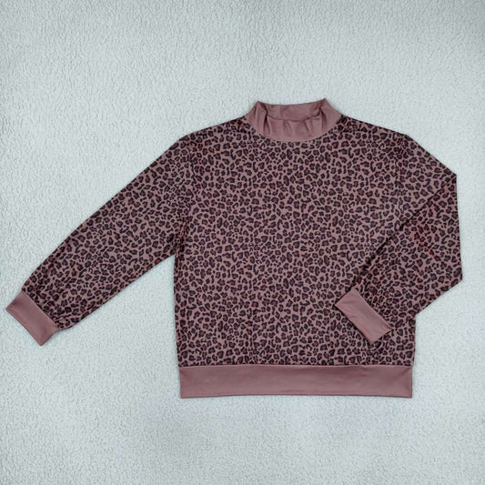 GT1840 Adult Leopard Print Woman Mock Neck Long Sleeve Tee Shirts Top