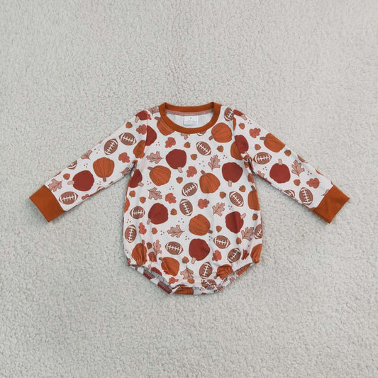 LR3235 Football Pumpkin Leaf Baby Boys Long Sleeve Bubble Romper