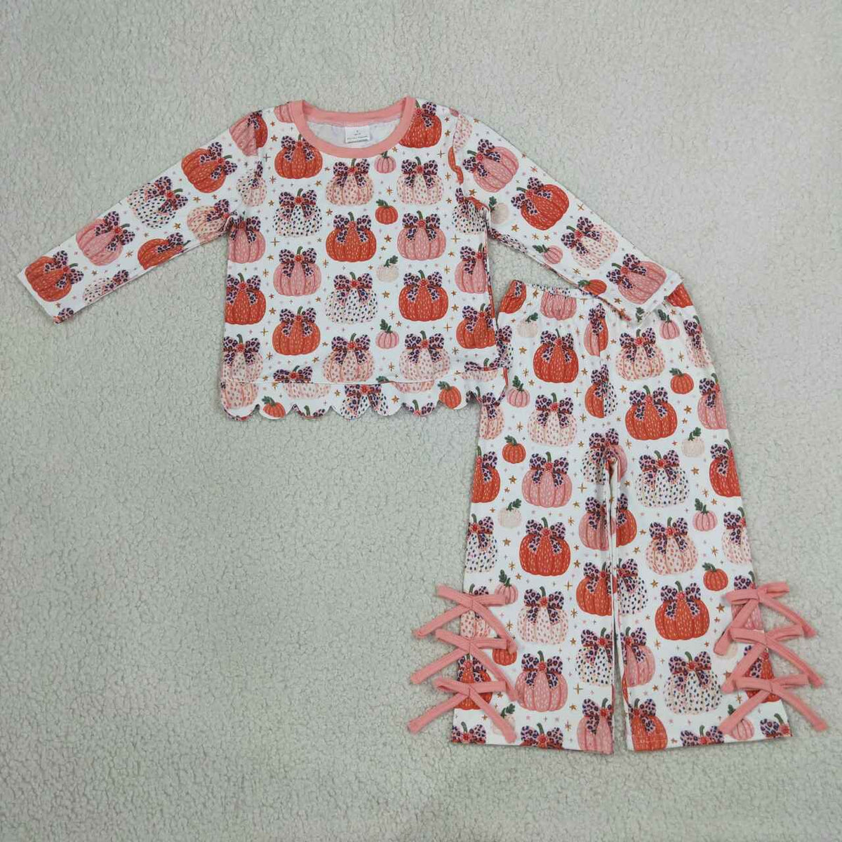 GLP3435 Pumpkin Bows Scallop Edge Top Bows Straight Pants Girls Fall Clothes Set
