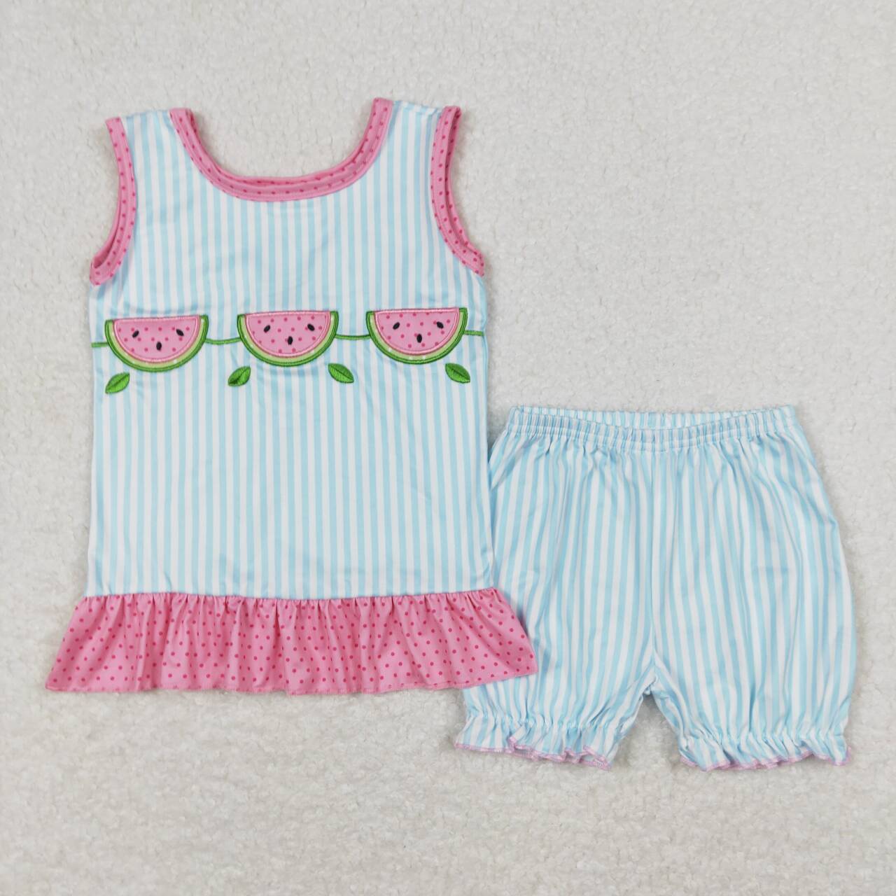 GSSO0398 Watermelon Embroidery Stripes Shorts Girls Summer Clothes Set
