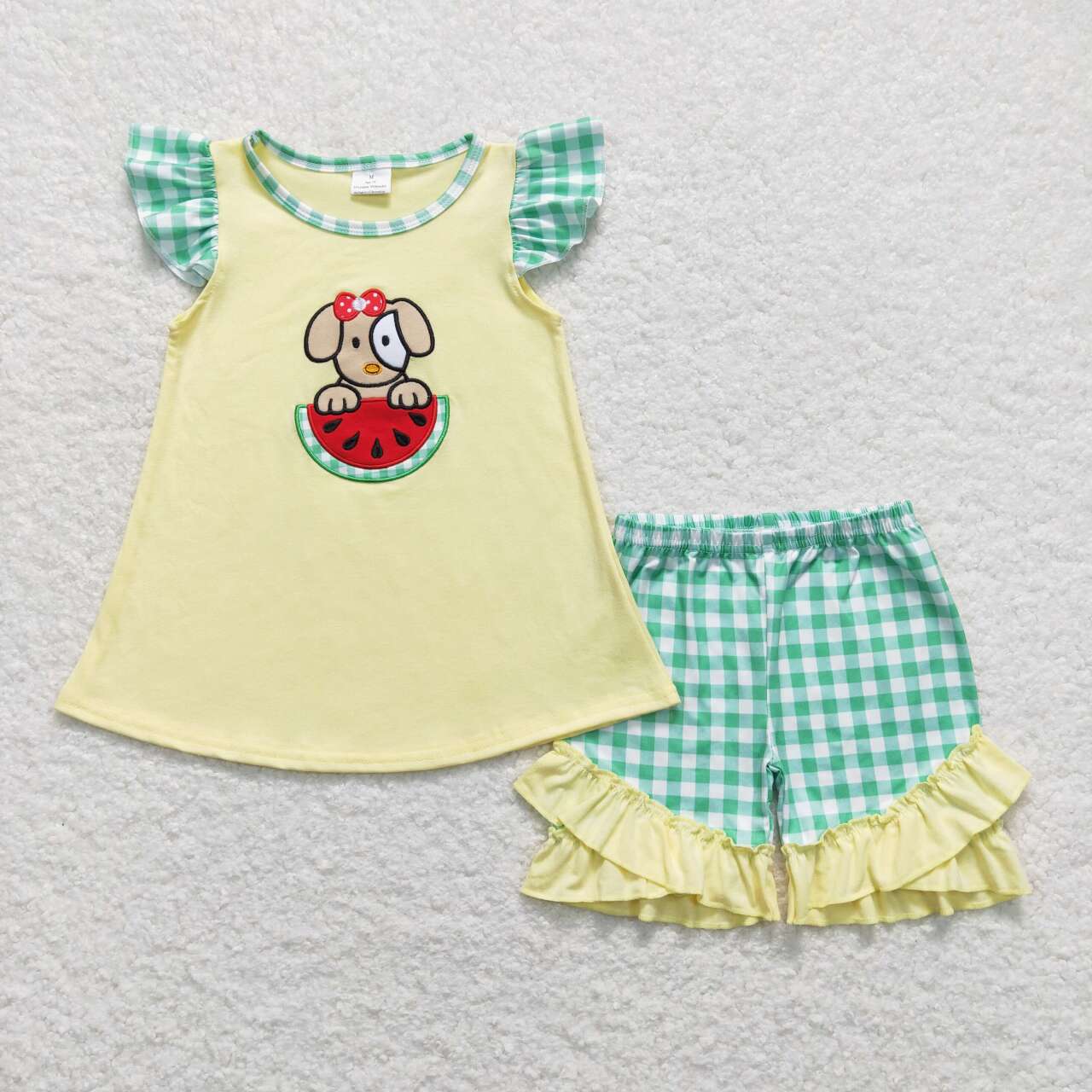 GSSO0483 Puppy Watermelon Embroidery Top Plaid Ruffle Shorts Girls Summer Clothes Set