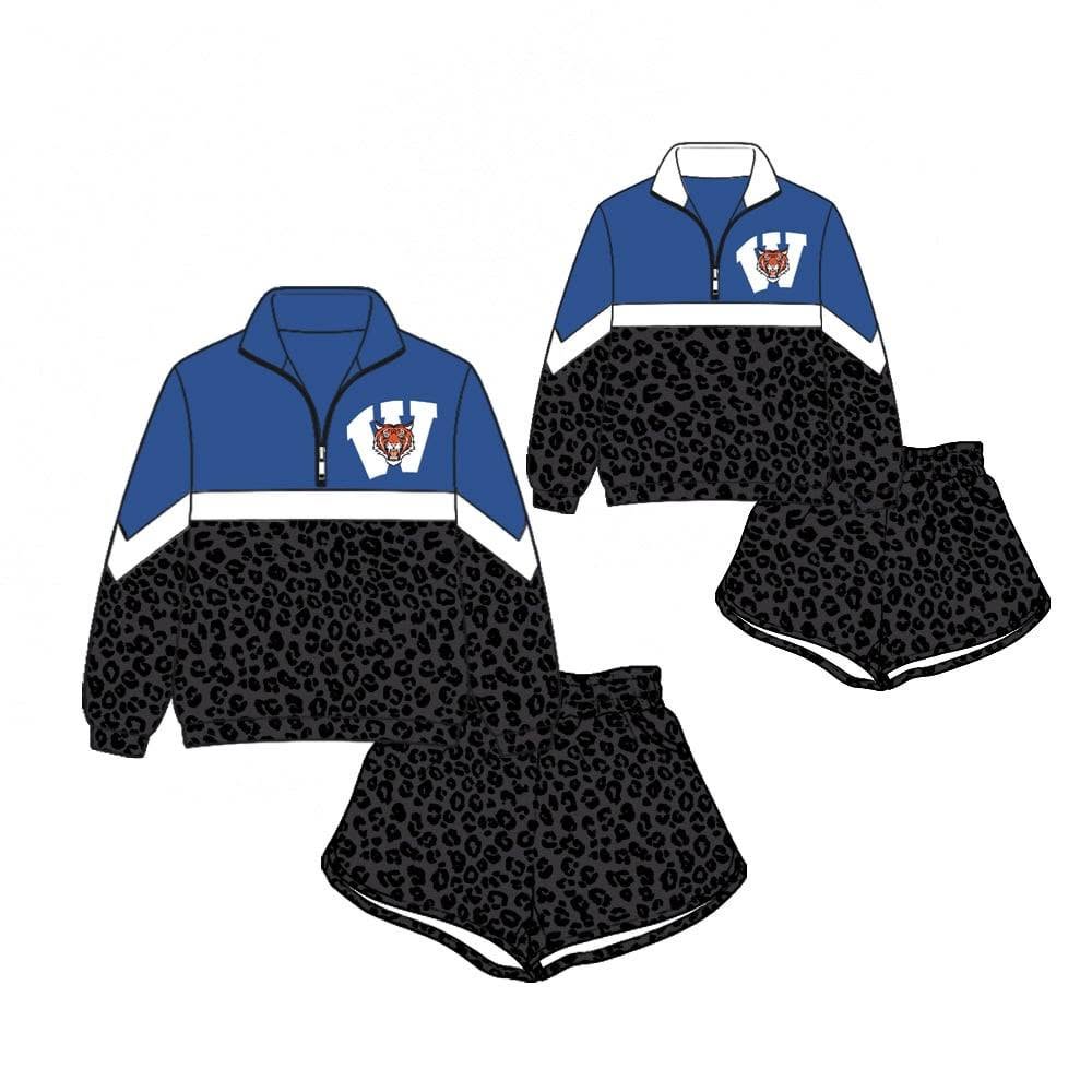 (Custom Design Preorder MOQ 5) Teams Wittenberg Tigers Long Sleeve Zipper Top Black Leopard Shorts Mommy and Me Outfits