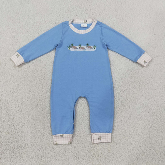 LR3007 Duck Embroidery Blue Baby Boys Fall Romper