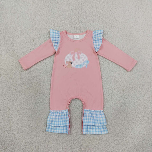 LR3217 Pumpkin Mouse Pink Baby Girls Long Sleeve Romper with Ruffle