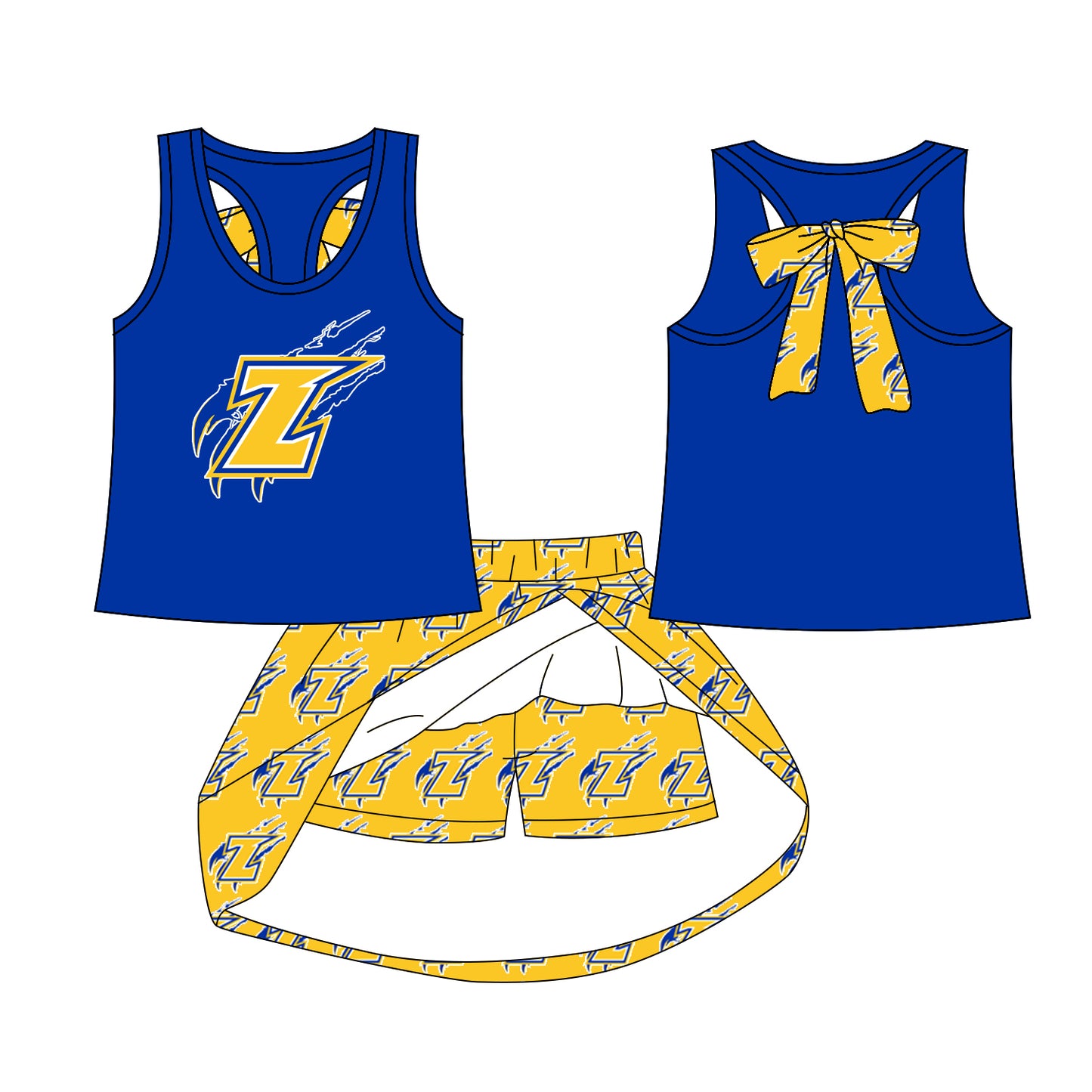 (Custom Design Preorder MOQ 5) Teams Zayalla Eagles Blue Tank Top Yellow Skort Girls Summer Clothes Set