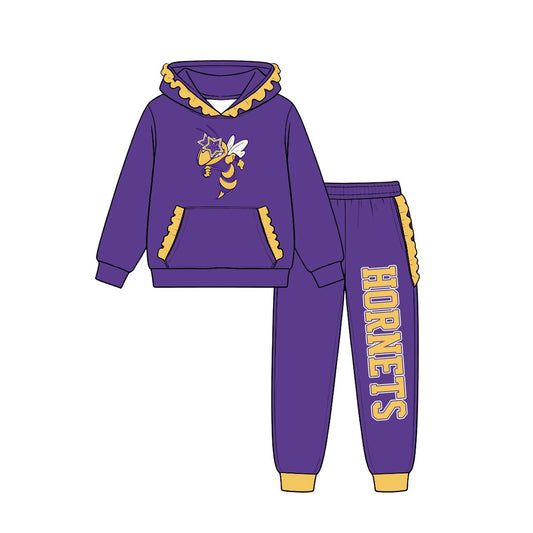 (Custom Design Preorder MOQ 5) Teams Holland Hornets Purple Yellow Ruffles Hoodie Top Pockets Joggers Pants Girls Yoga Clothes Set