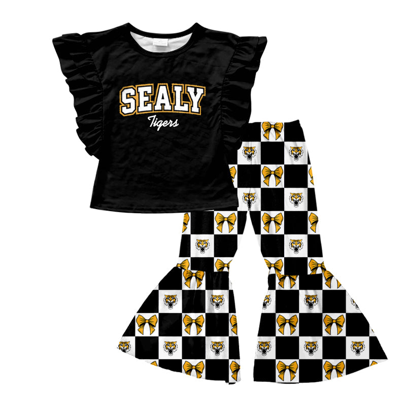 (Custom Design Preorder MOQ 5) Teams Sealy Tigers Black Top Plaid Bows Bell Pants Girls Clothes Set