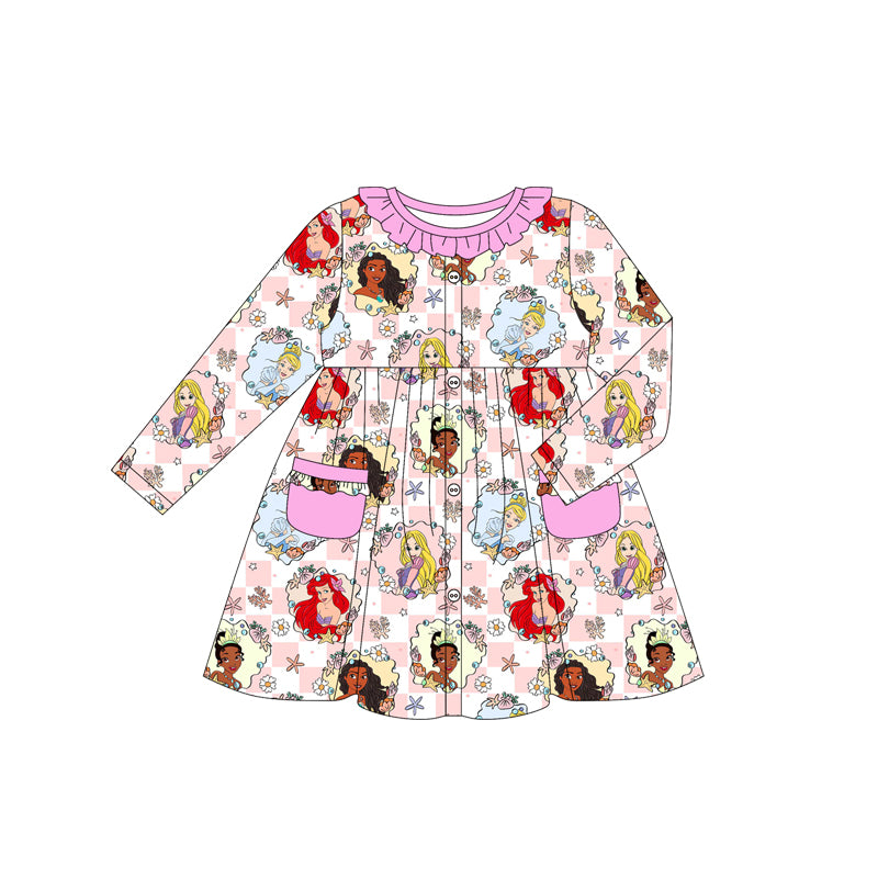 (Custom Design Preorder MOQ 5) Cartoon Princess Flowers Plaid Print Girls Long Sleeve Pockets Dress