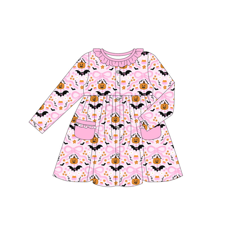 (Custom Design Preorder MOQ 5) Pumpkin Candy Bows Pink Print Girls Halloween Long Sleeve Pockets Dress