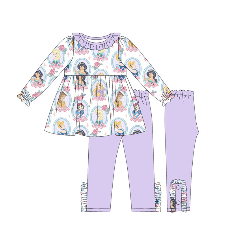 (Custom Design Preorder MOQ 5) Cartoon Princess Flowers Bows Tunic Top Legging Pants Girls Clothes Set