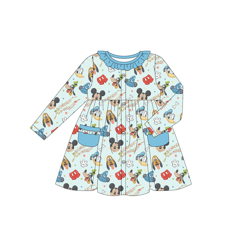 (Custom Design Preorder MOQ 5) Cartoon Mouse Blue Print Girls Long Sleeve Pockets Dress