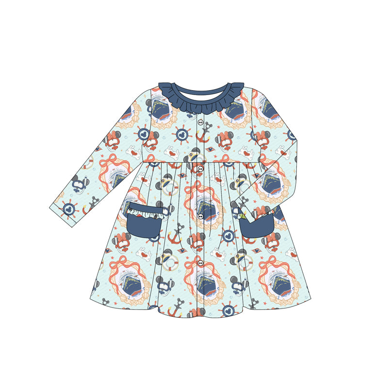 (Custom Design Preorder MOQ 5) Cartoon Mouse Boat Bows Print Girls Long Sleeve Pockets Dress