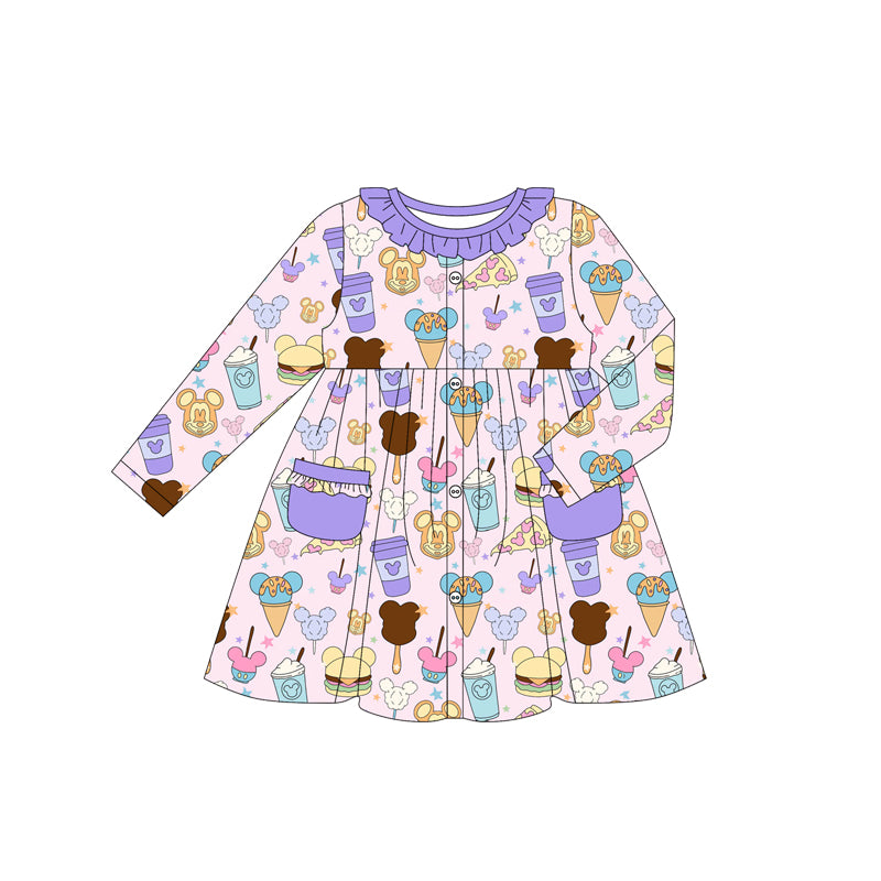 (Custom Design Preorder MOQ 5) Cartoon Mouse Food Print Girls Long Sleeve Pockets Dress