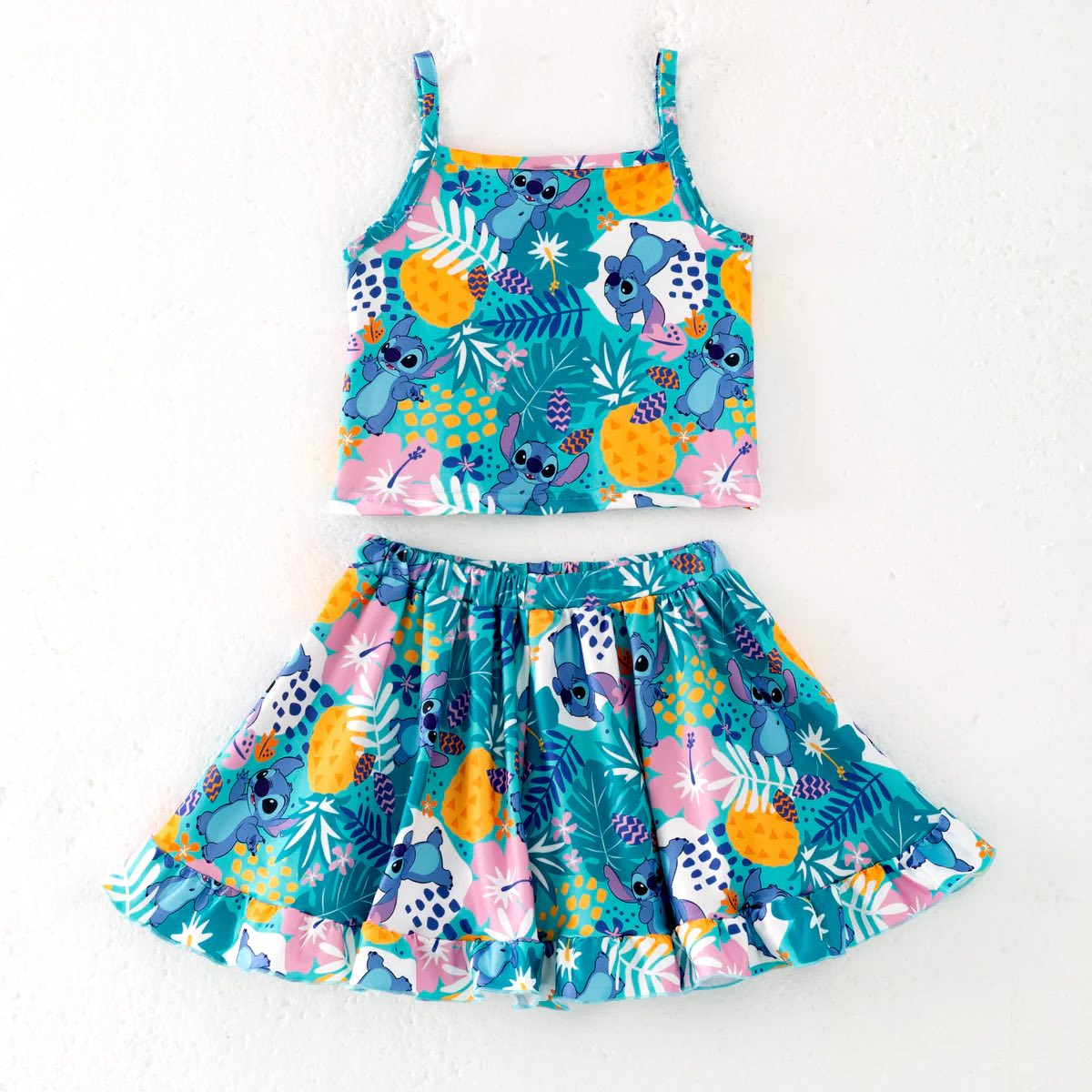 (Custom Design Preorder MOQ 5) Cartoon Stitc* Crop Strap Top Skirts Girls Summer Outfits