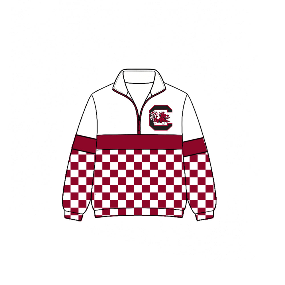 (Custom Design Preorder MOQ 5) Teams Gamecock Plaid Print Kids & Adult Long Sleeve Zipper Pullover Jacket