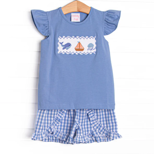 (Custom Design Preorder MOQ 5) Whale Boat Blue Top Plaid Shorts Girls Summer Outfits
