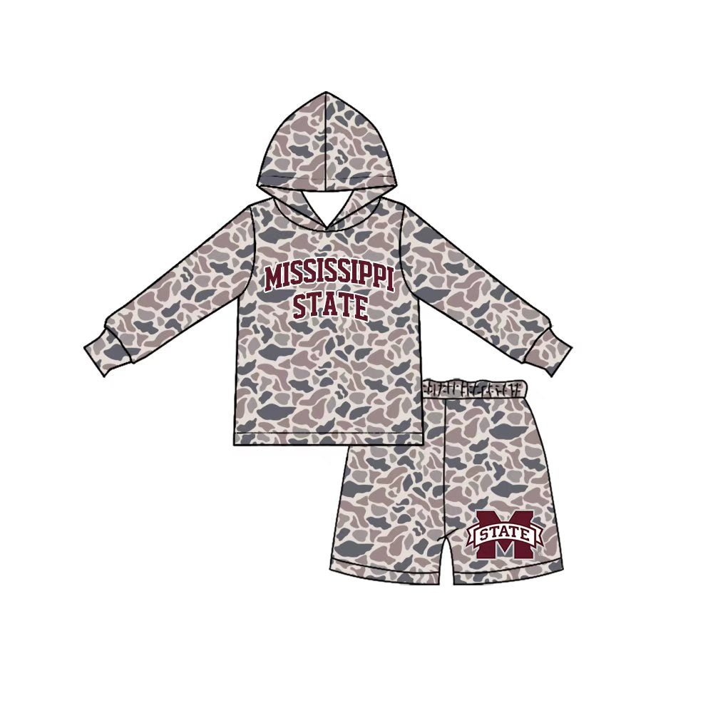 (Custom Design Preorder MOQ 5) Teams Mississippi State Camo Hoodie Top Pockets Shorts Boys Clothes Set