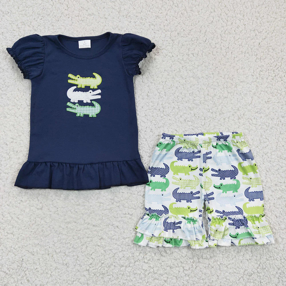 Baby Girls Summer Crocodil* Embroidery Shorts Sets