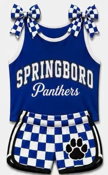 (Custom Design Preorder MOQ 5) Girls Springboro Bow Strap Tank & Shorts Sport Team Outfit