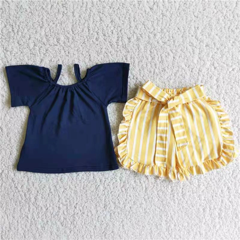 (Promotion)Navy Top Yellow Stripes ruffles shorts summer outfits D4-28