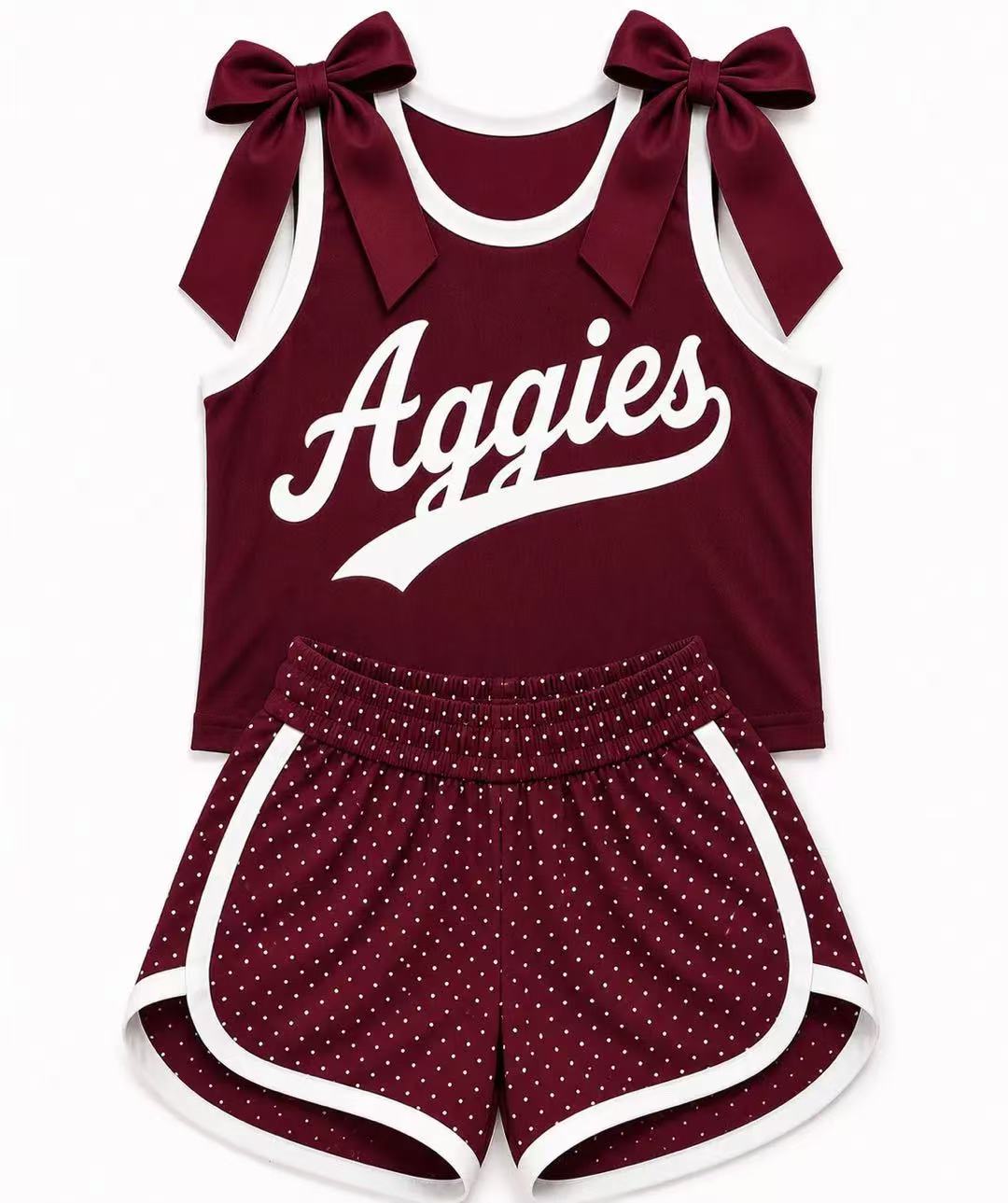 (Custom Design Preorder MOQ 5) Girls Maroon Bow Strap Aggies Tank & Shorts Sport Team Outfit