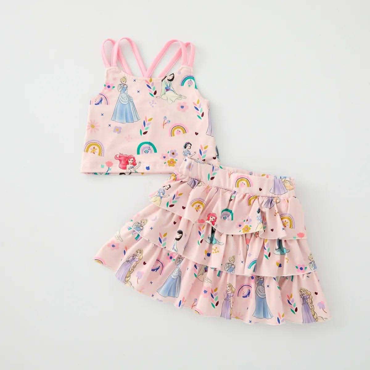 (Custom Design Preorder MOQ 5) Strap Crop Top Cartoon Princess Flowers Skirts Girls Summer Outfits