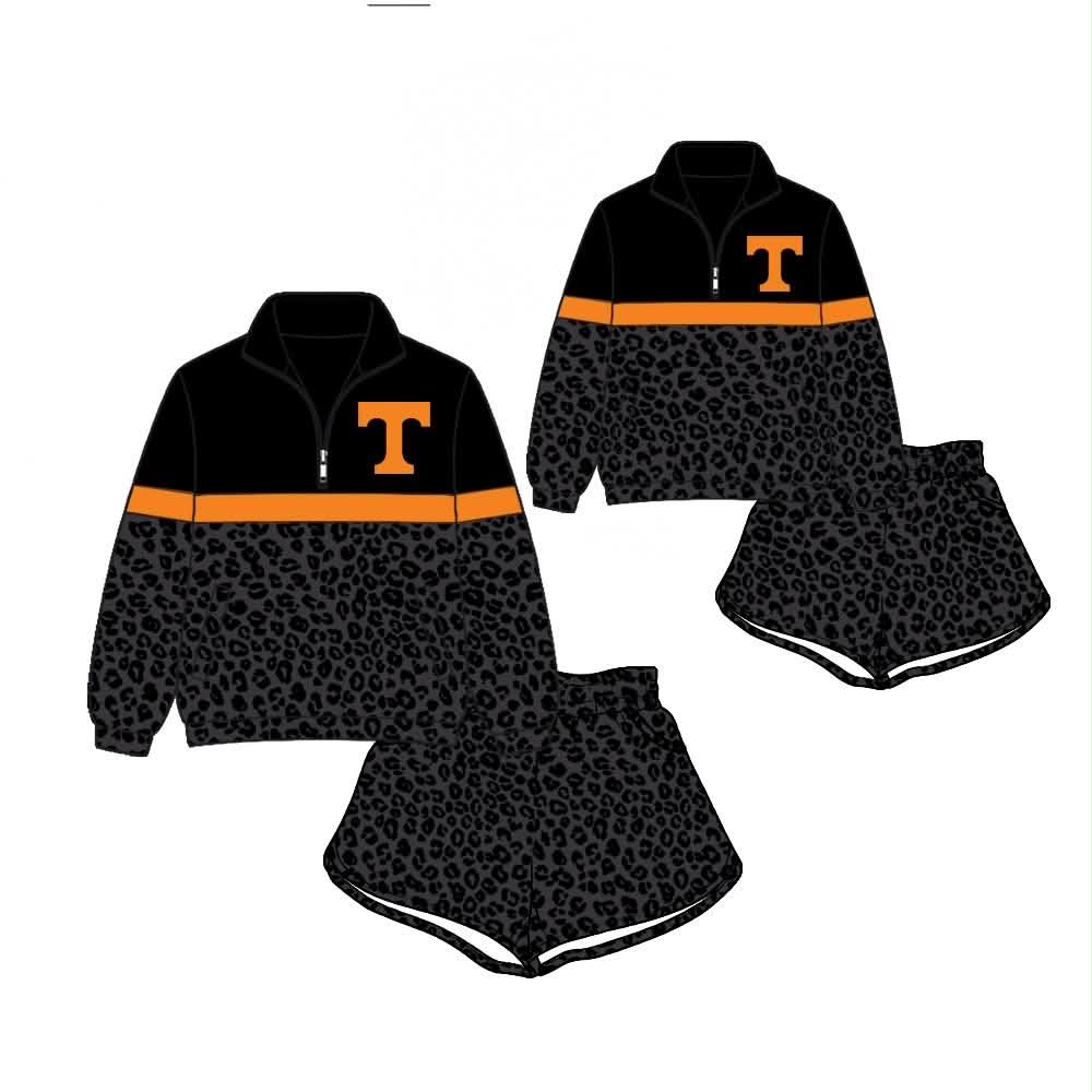 (Custom Design Preorder MOQ 5) Teams Tennessee Black Leopard Print Kids & Adult Long Sleeve Zipper Top Shorts Clothes Set
